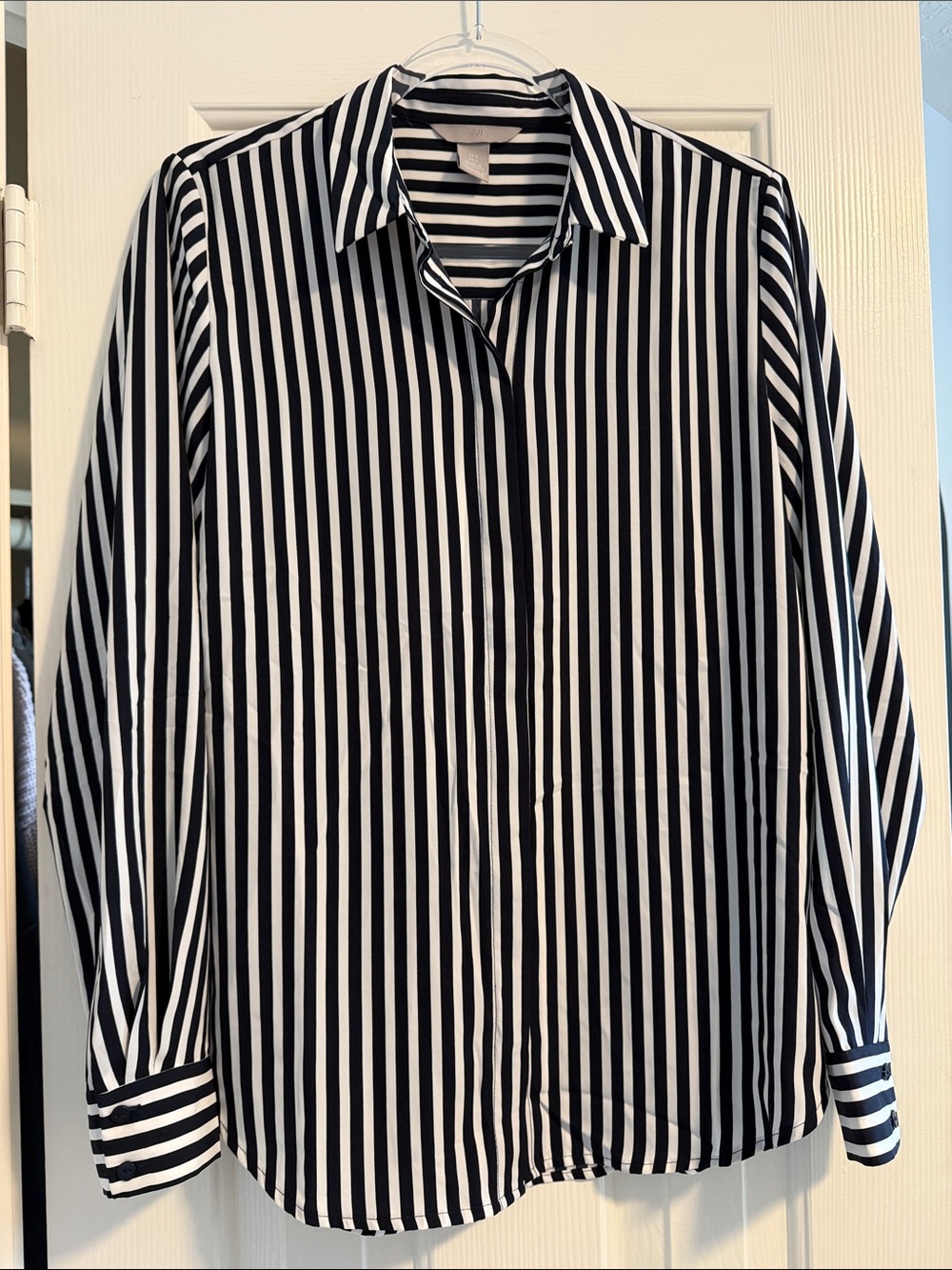 H&M navy & White Vertical Stripe womens Button-Up Shirt